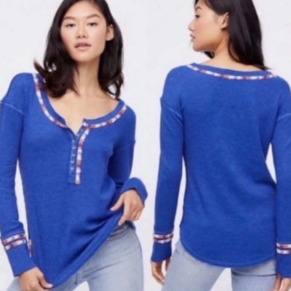 NEW Free People We The Free Blue Rainbow Thermal Henley Long Sleeve Shirt - Picture 2 of 2